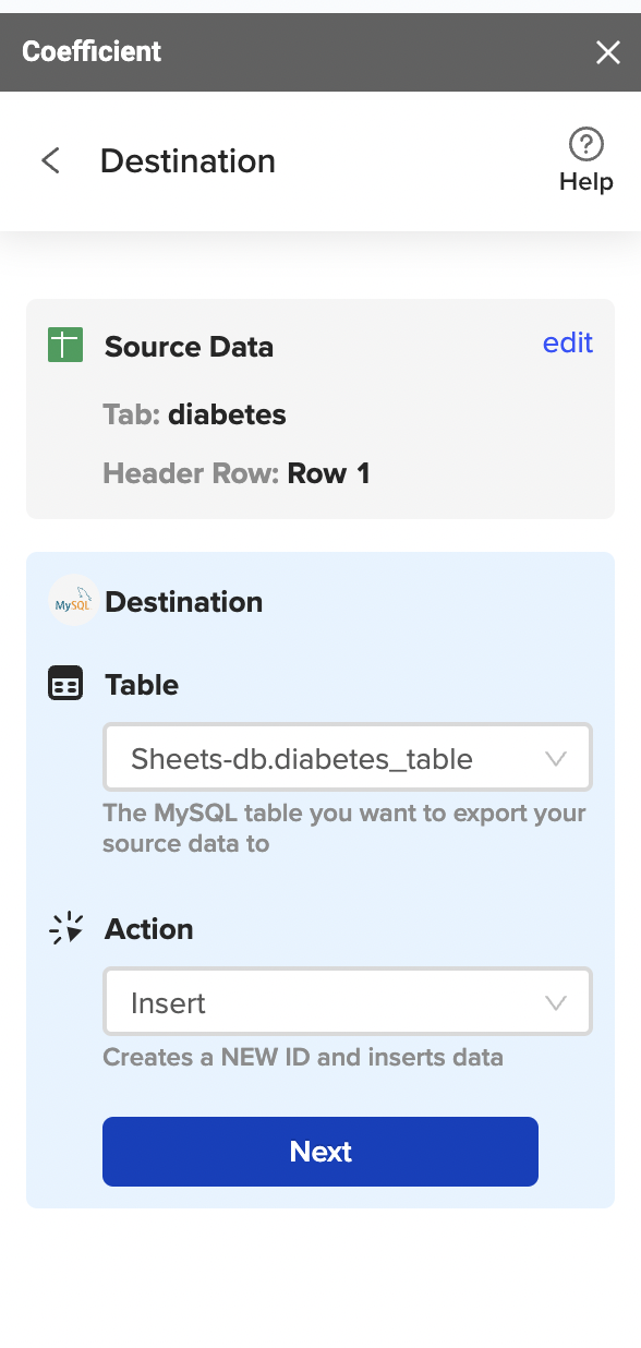 The Destination section shows the Table and Action lists 