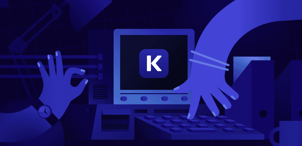 Das DevKinsta-Logo ist eine Illustration von Händen, die auf einer Computertastatur tippen, mit einer großen "K"-Taste in der Mitte, vor einem dunkelblauen Hintergrund mit abstrakten geometrischen Formen.