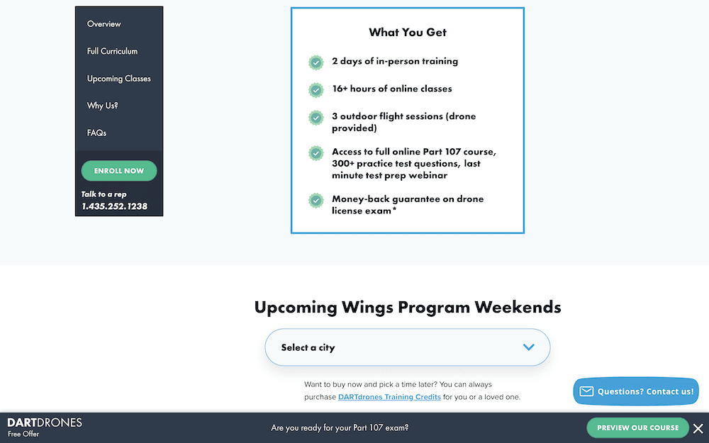 El sitio web de DARTDrones mostrando uno de los próximos programas de formación en drones, con una descripción general de lo que incluye el paquete. Hay opciones para seleccionar una ciudad e inscribirse ahora.