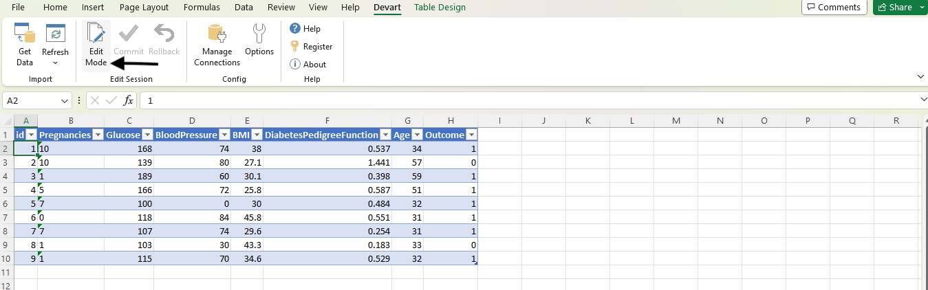 Il foglio Excel mostra il pulsante Edit Mode nel gruppo Modifica sessione della scheda Devart.
