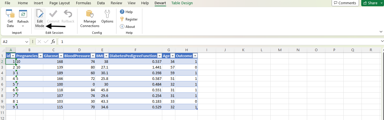 Planilha do Excel mostrando o botão Edit Mode no grupo Edit Session na aba Devart.