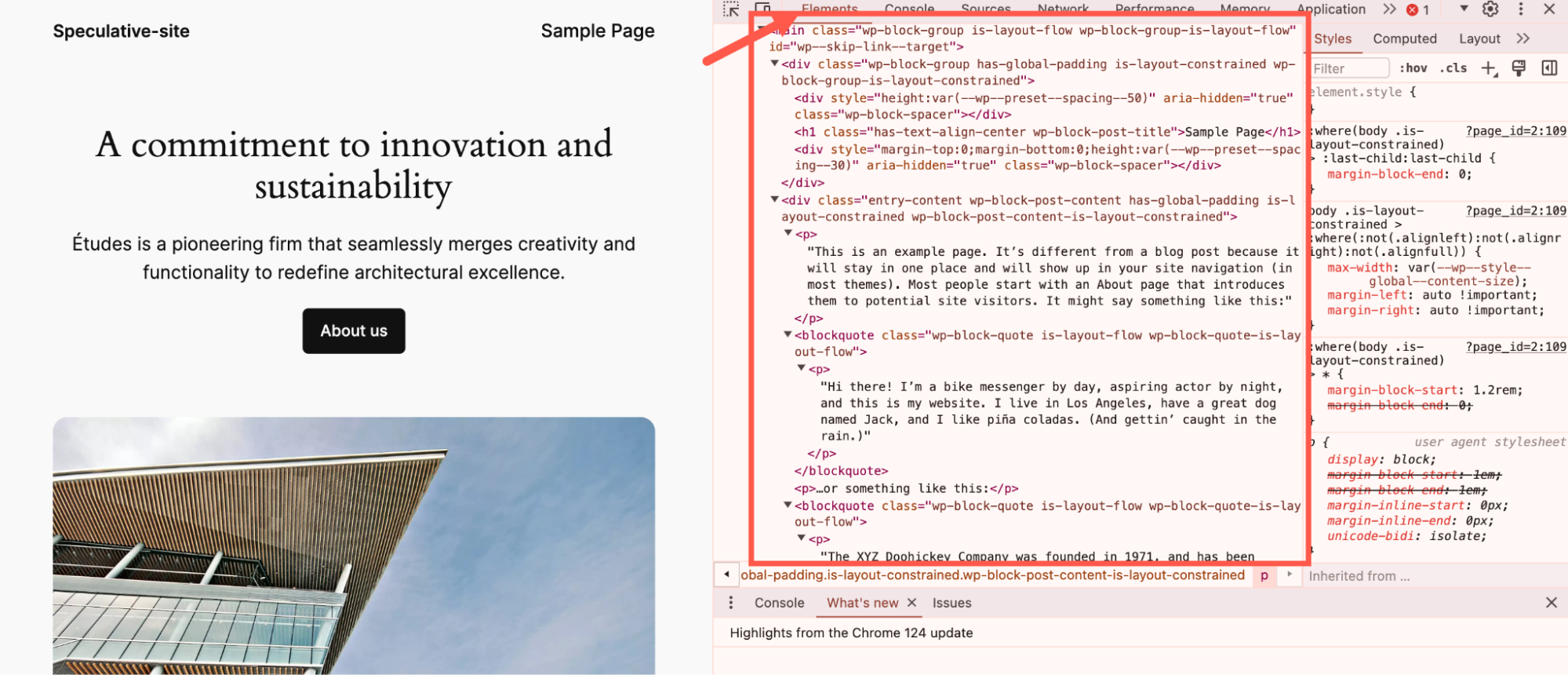 A aba Elements mostra o conteúdo HTML da página pré-renderizada.