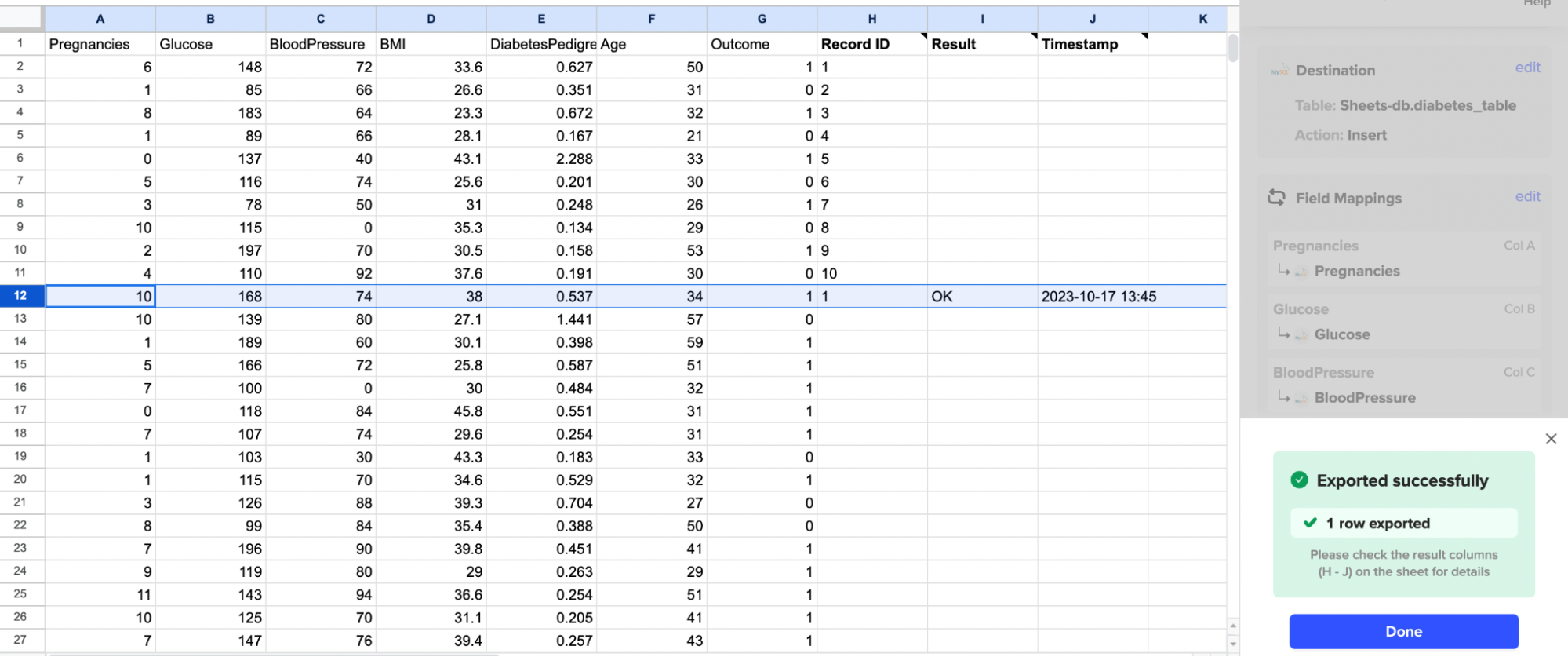 The selected row is exported successfully with some timestamp information