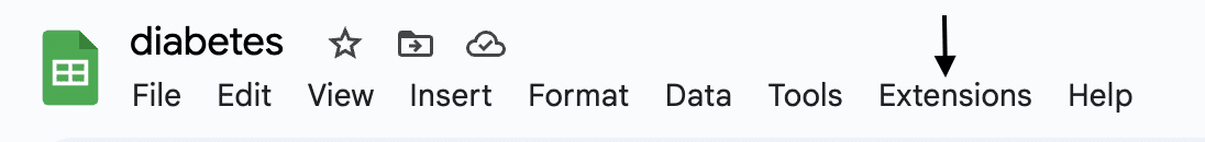 Die Menüleiste von Google Sheets enthält die Menüs Datei, Bearbeiten, Ansicht, Einfügen, Formatieren, Daten, Werkzeuge, Erweiterungen und Hilfe