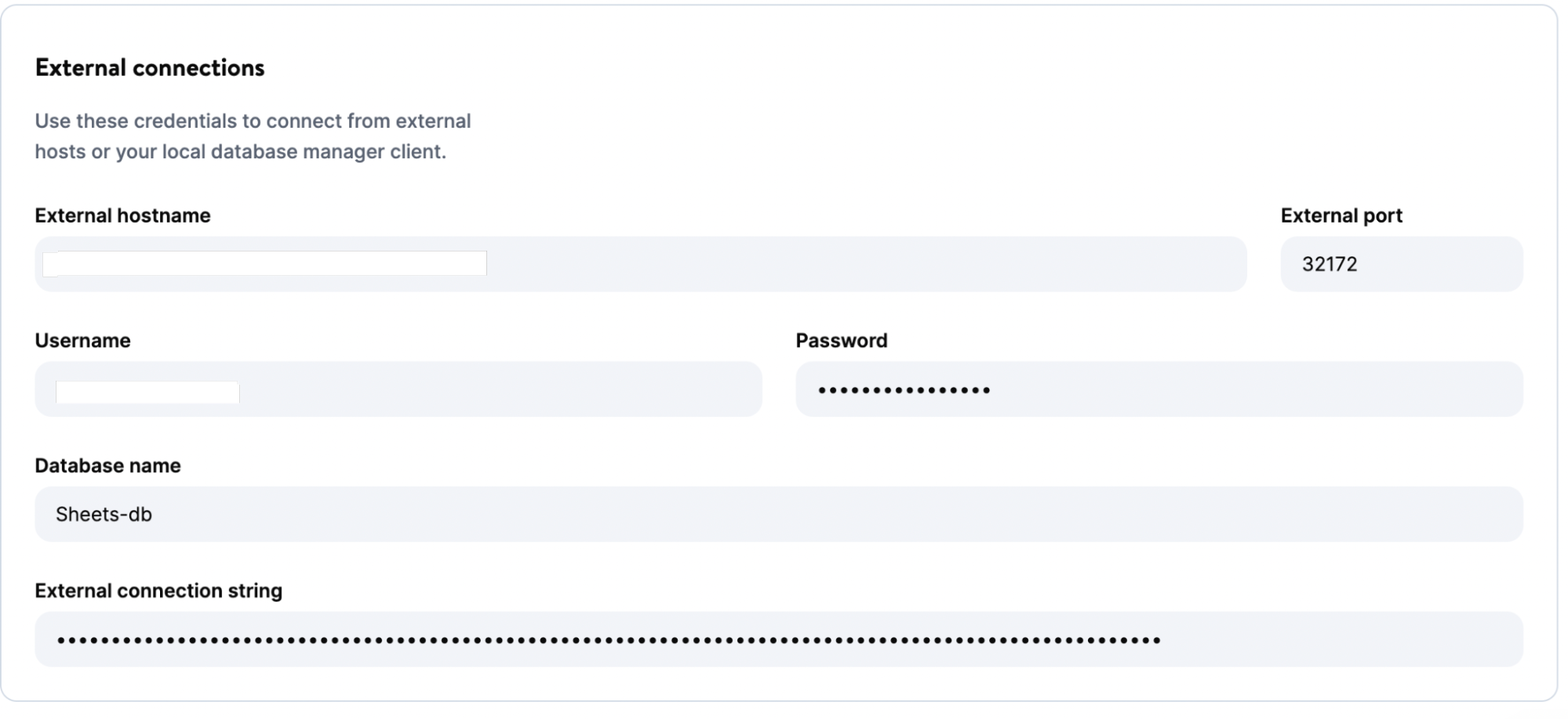 De pagina External connections toont de velden die nodig zijn om verbinding te maken met een externe host.