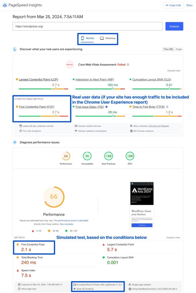 FCP tijden in Google's PageSpeed Insights tool.