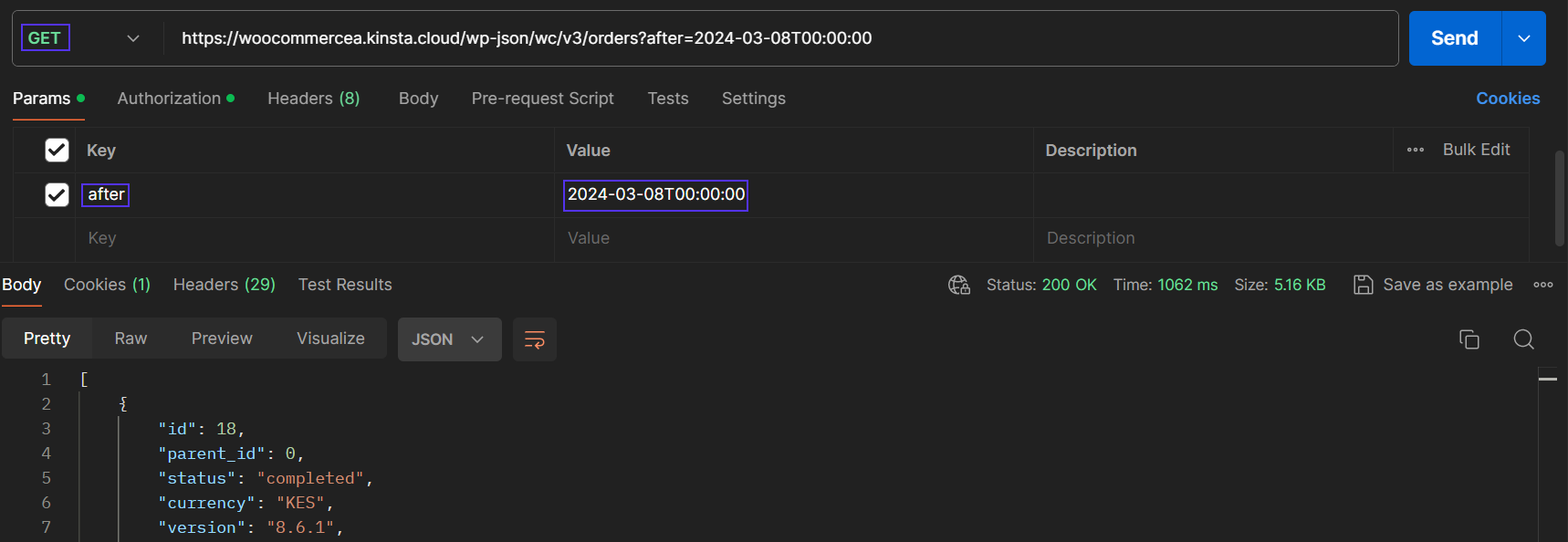 The Postman window shows the GET request. Highlighted is GET with the URL endpoint. Below is the Params tab active with the after and 2024-03-08T00:00:00 input checked and highlighted. Underneath it is the Body tab active returning an array of JSONs.