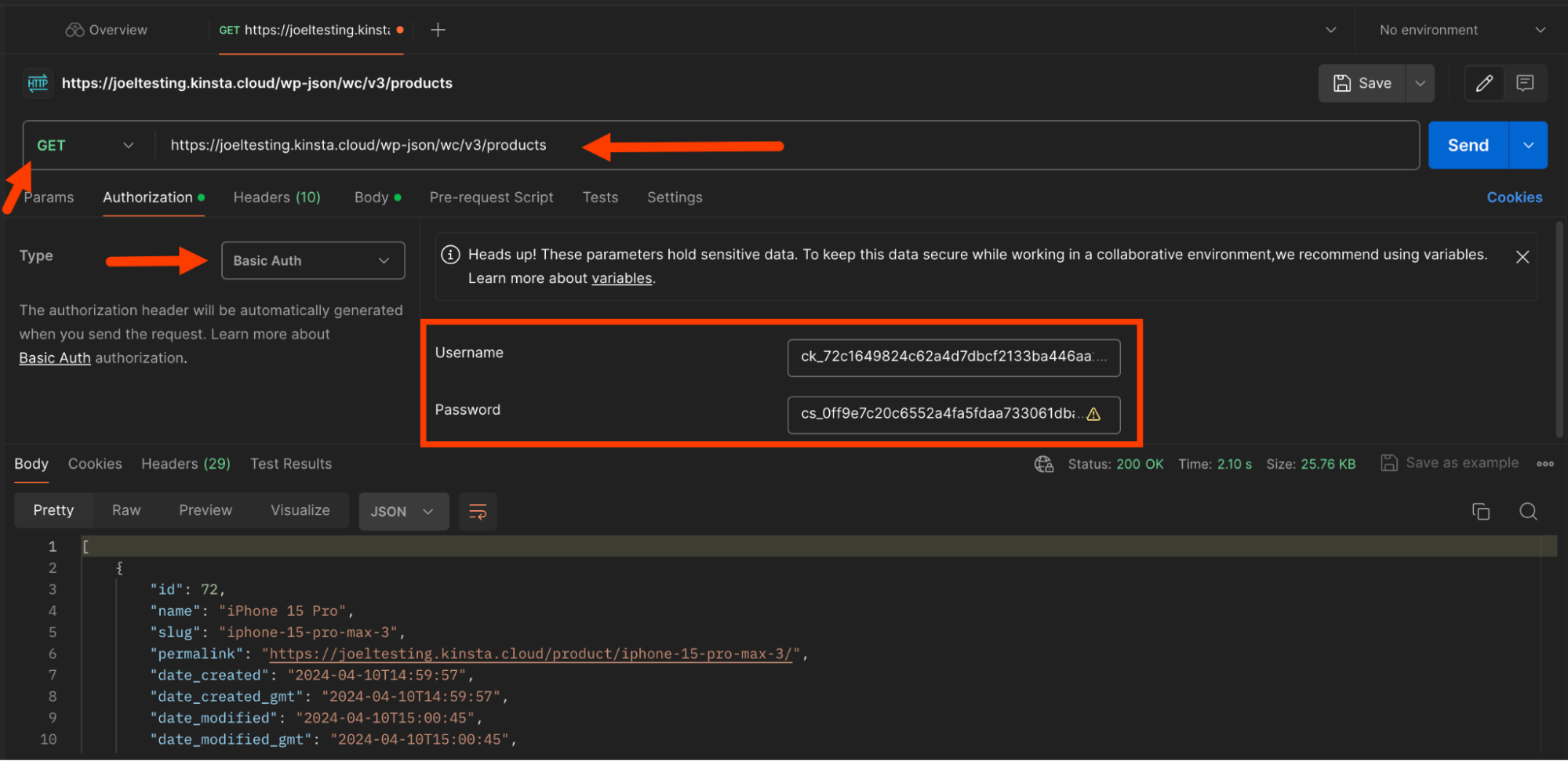 Send a GET request on postman with basic auth highlighted