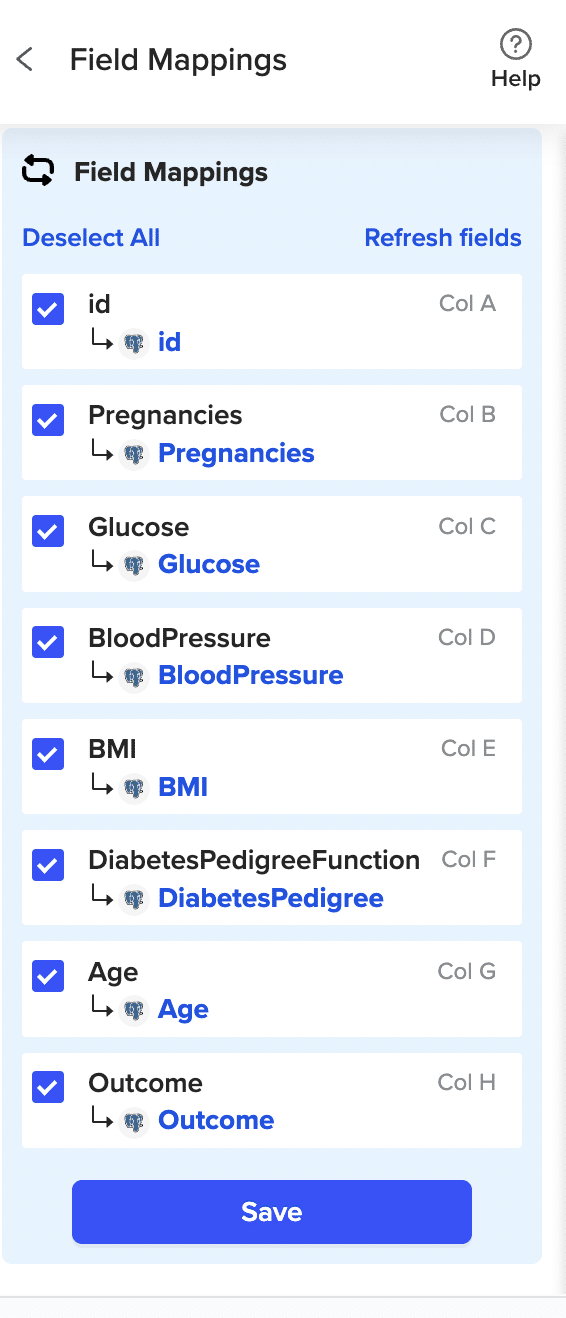 Le panneau Field Mappings avec les colonnes mappées aux en-têtes de la table MariaDB.