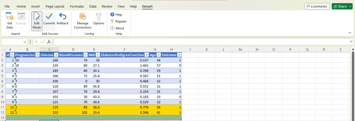 Il foglio Excel mostra due nuovi record, evidenziati in giallo