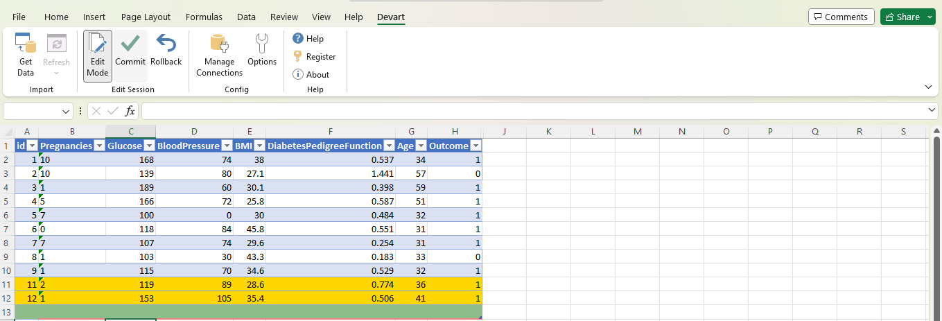 A planilha do Excel mostra dois novos registros, destacados em amarelo.