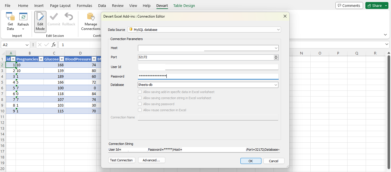 Import Data Wizard showing the fields needed to connect to the MariaDB