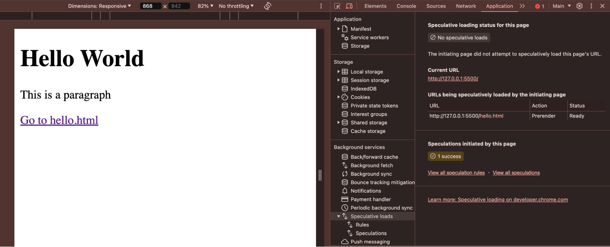 Inspectez l'API Speculation Rules à l'aide des services d'arrière-plan de charges spéculatives dans l'onglet Application Chrome.