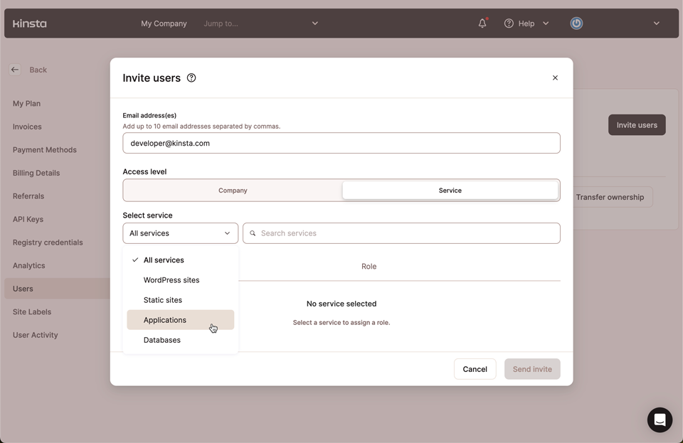 Screenshot showing the dialog for beginning a user invitation in MyKinsta.