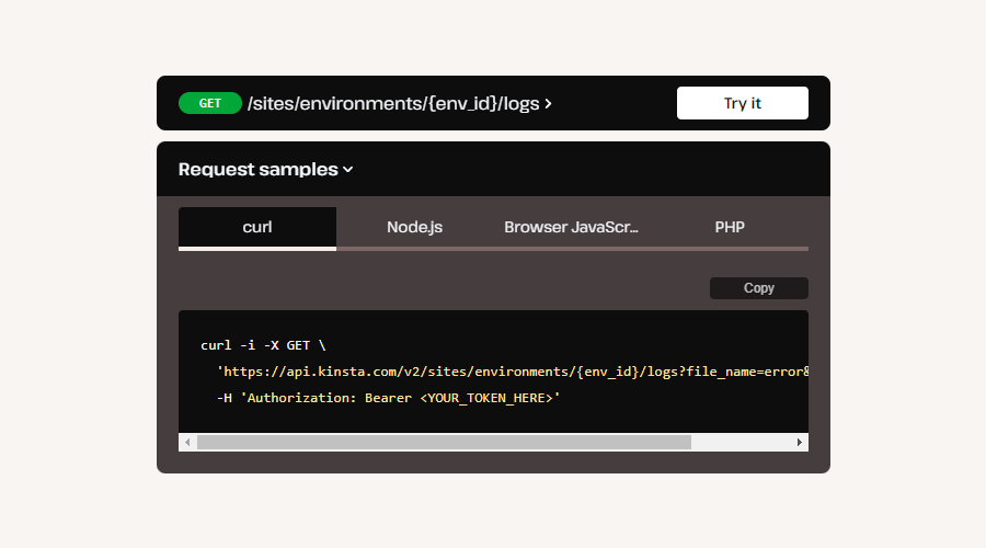 Een programma opzetten om site logs bij te houden met Kinsta API.