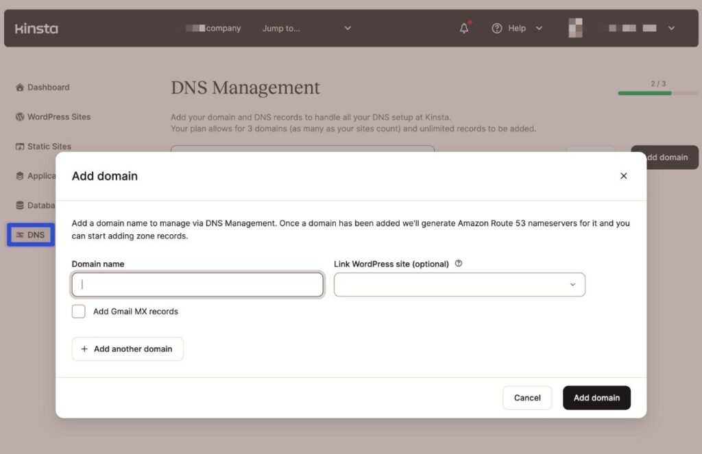 La interfaz de Kinsta que te permite gestionar los registros DNS de tu dominio.