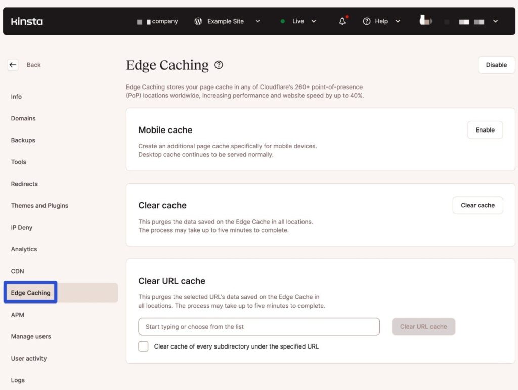 L'interfaccia di Kinsta che consente di attivare la funzione Edge Caching di Kinsta.