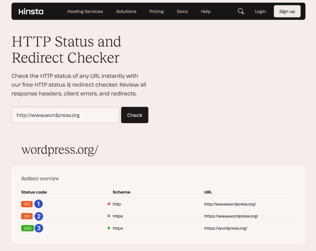 Vários redirecionamentos conforme detectados pela ferramenta de verificação de redirecionamentos da Kinsta.