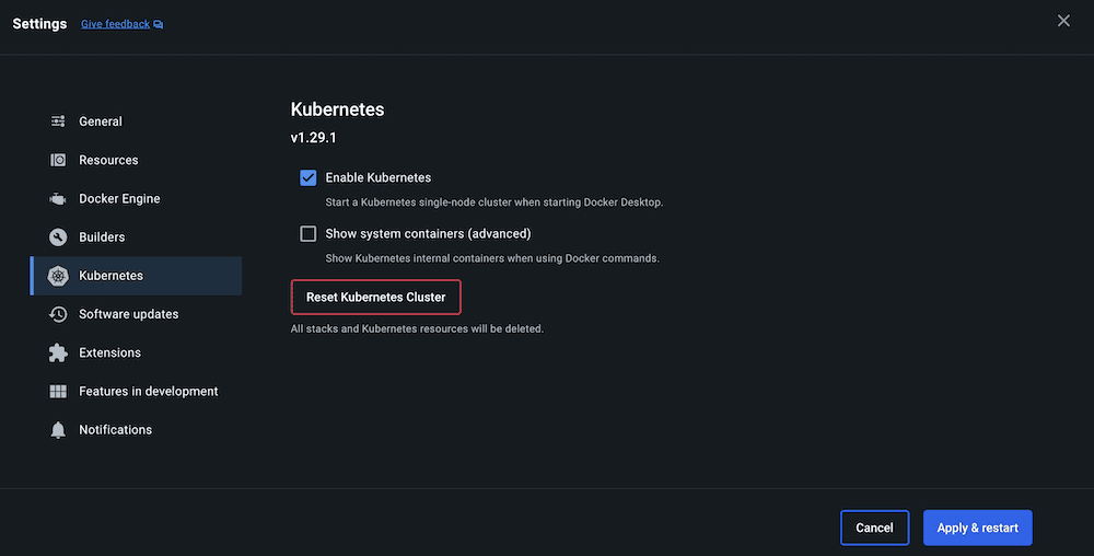 The Kubernetes settings page in a Docker dashboard application, showing options to enable Kubernetes to start a single-node cluster when starting Docker Desktop, show system containers, and reset the Kubernetes cluster which will delete all stacks and resources.