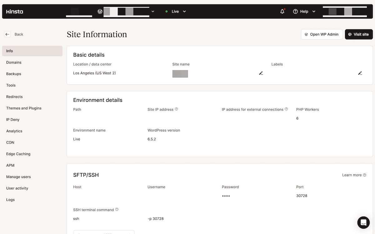 The 'Site Information' section within the MyKinsta dashboard. The page is divided into sections for basic details and environment details. Basic details include the location/data center (Los Angeles, US West 2), an editable site name field, and labels. Environment details show the site path, IP address, environment name (Live), WordPress version (6.5.2), number of PHP workers (6), host/username/password/port for SFTP/SSH access, and an SSH terminal command. There are buttons to let the user open the WP Admin screen and visit the site.
