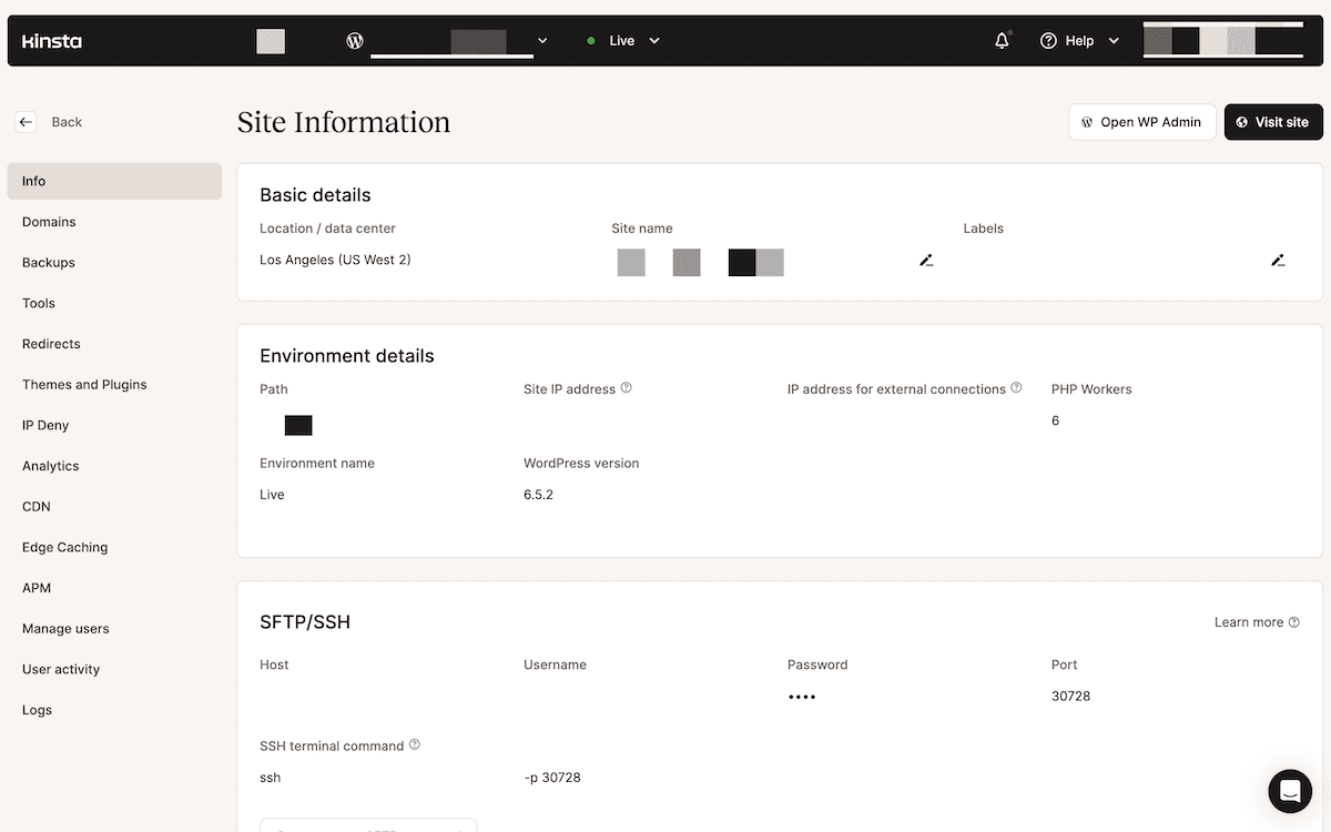 The Site Information section of the MyKinsta dashboard. The basic details show the site’s data center, environment details, site path, IP address, WordPress version, environment name, and the resources available. There are also details on SFTP/SSH access and credentials.