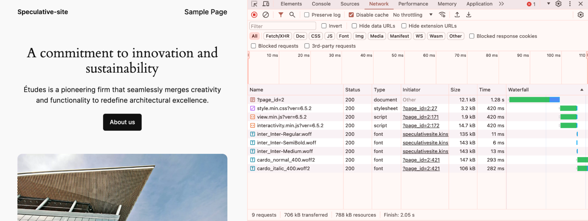 Network tab of prerendered page showing files already prerendered