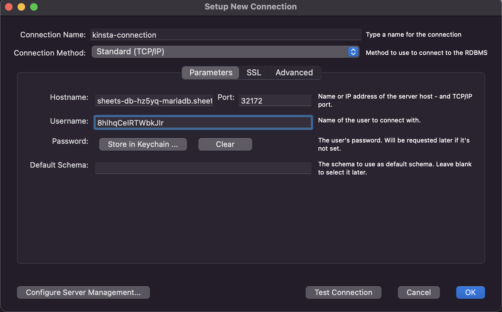 La página Setup New Connection muestra los campos Nombre de conexión, Método de conexión, Nombre de host, Nombre de usuario, Contraseña y Esquema predeterminado. En la parte inferior tiene los botones Configurar Gestión de Servidor, Probar Conexión, Cancelar y Aceptar.