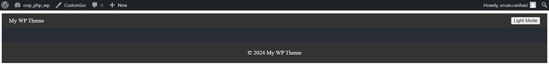 A página inicial mostrando o tema WordPress baseado em React, incluindo cabeçalho e rodapé.