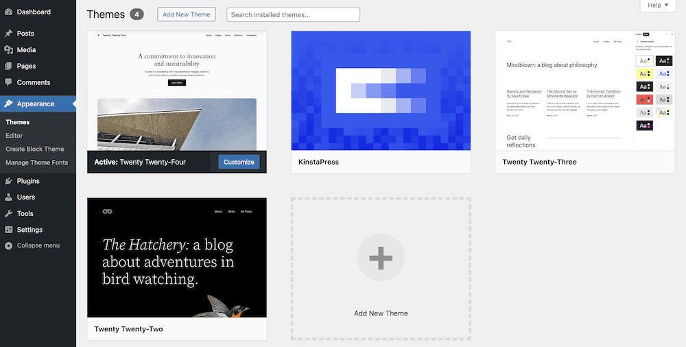 La bacheca di amministrazione di WordPress mostra una panoramica dei temi, con in evidenza i temi Twenty Twenty-Four e Twenty Twenty-Three, oltre a un'anteprima del tema KinstaPress, caratterizzato da un design minimalista di colore blu.