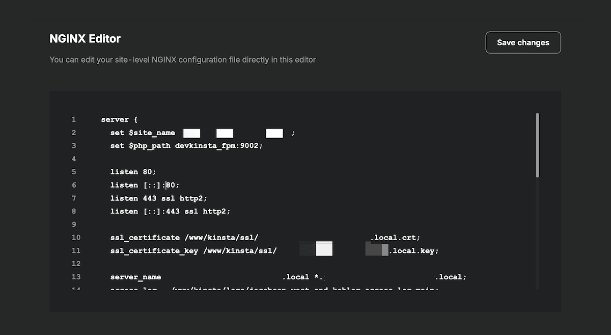 The Nginx configuration file editor within DevKinsta, which lets you edit the site-level Nginx config directly. The editor contains example config code for a server block, with directives for setting the site name, PHP version and path, listen ports 80 and 443 with HTTP/2 enabled, SSL certificate and key file paths, and the server name responding to all hostnames.