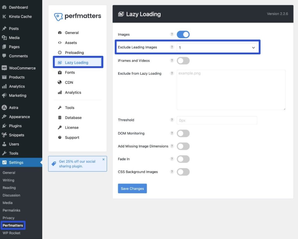 L'interfaccia del plugin Perfmatters che permette di escludere le immagini principali dal lazy loading.