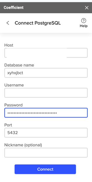 O Coefficient mostrando os campos necessários para se conectar ao PostgreSQL.