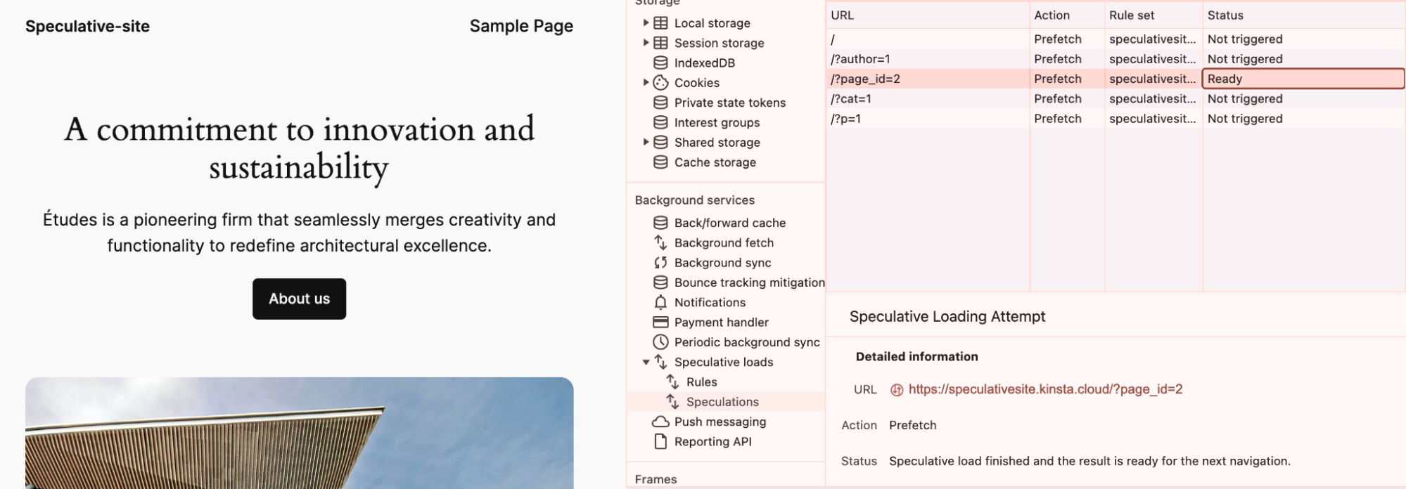 Lo stato di ogni link impostato per il prefetch è accessibile tramite i DevTools di Chrome