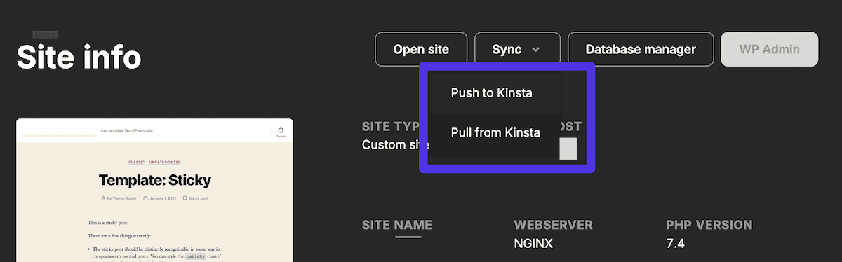 La sezione Informazioni sul sito per un sito DevKinsta. I pulsanti in alto consentono all'utente di sincronizzare l'installazione e di gestire il database. Il tipo di sito è indicato come sito personalizzato con le opzioni Push to Kinsta o Pull from Kinsta. Vengono visualizzati anche il nome del sito, il server web Nginx e la versione 7.4 di PHP.
