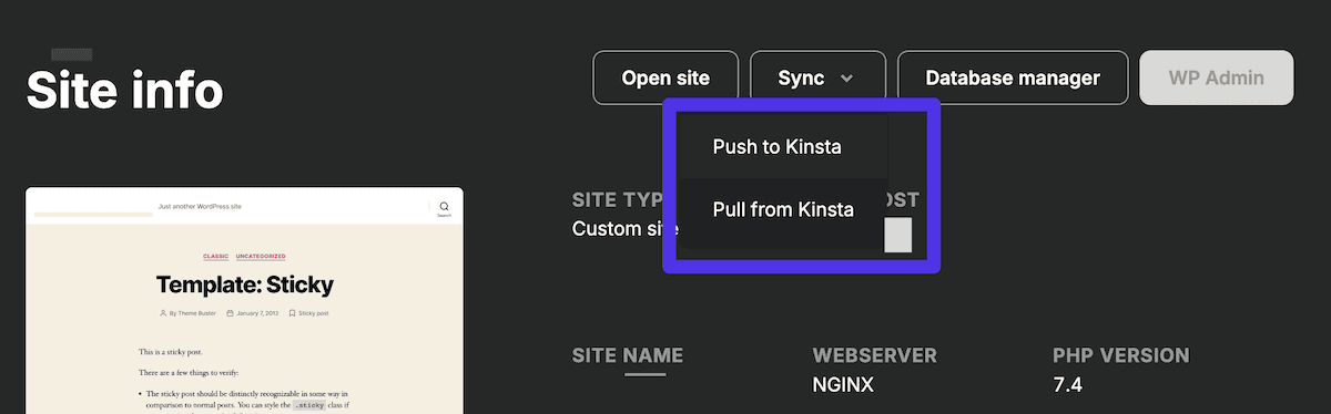 Les options de synchronisation avec Kinsta dans l'écran Site info de DevKinsta.