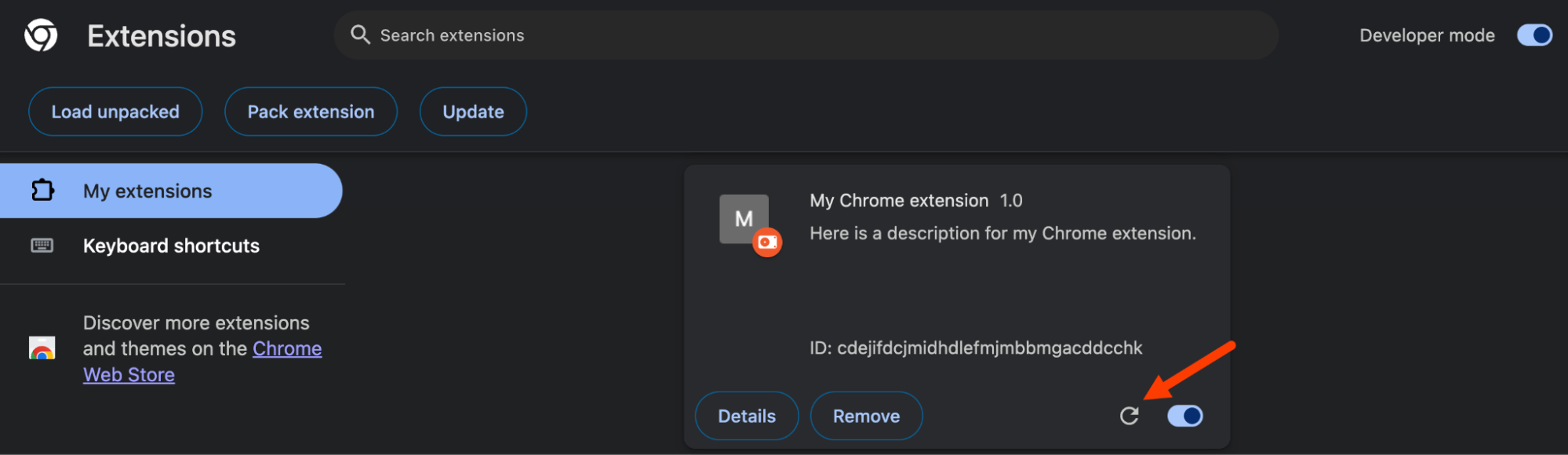 Haz clic en el icono de actualización para recargar la extensión.