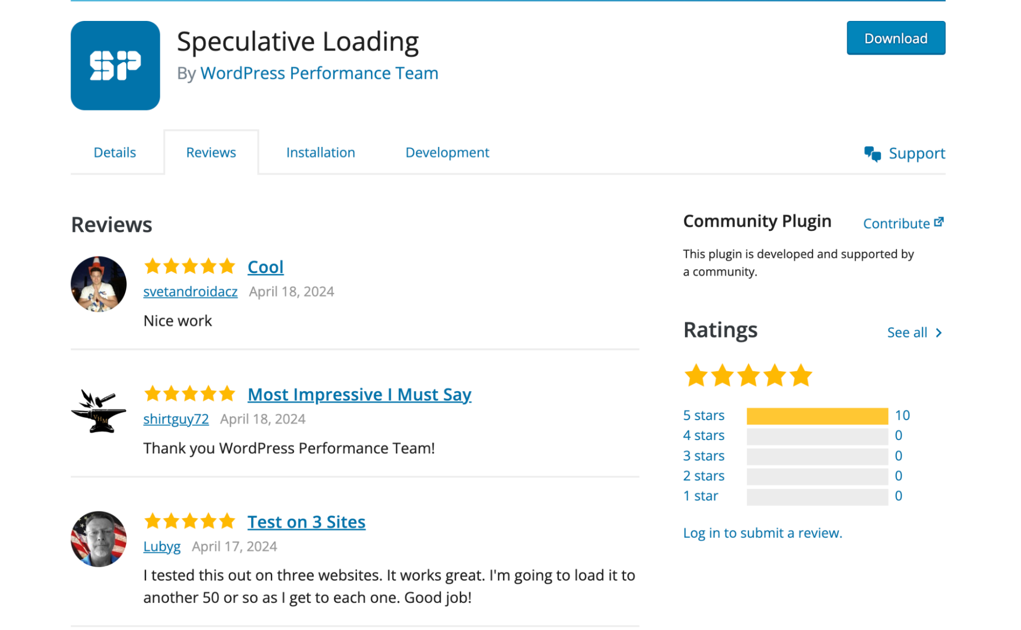 Bewertungen aus der WordPress-Community für das Speculative Loading Plugin