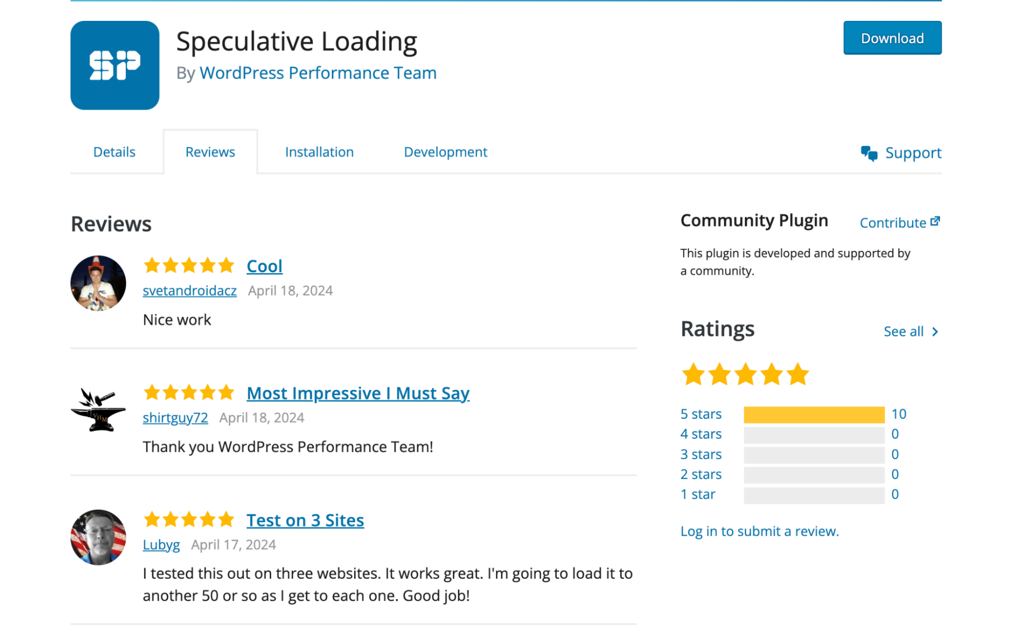 Reseñas de la comunidad de WordPress sobre el plugin Speculative Loading.