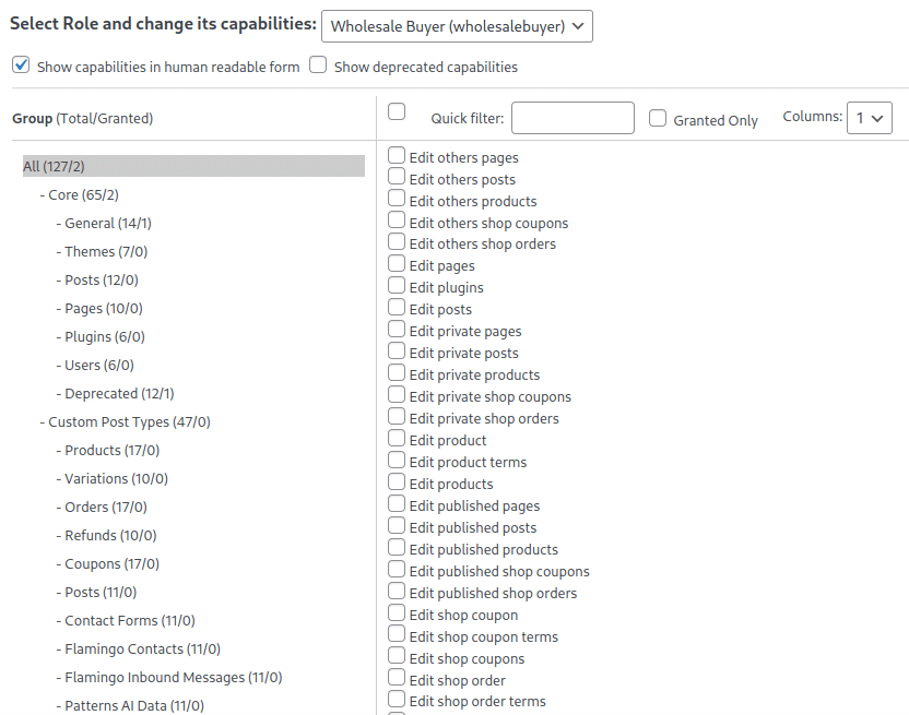 Captura de pantalla de las capacidades del rol Comprador Mayorista