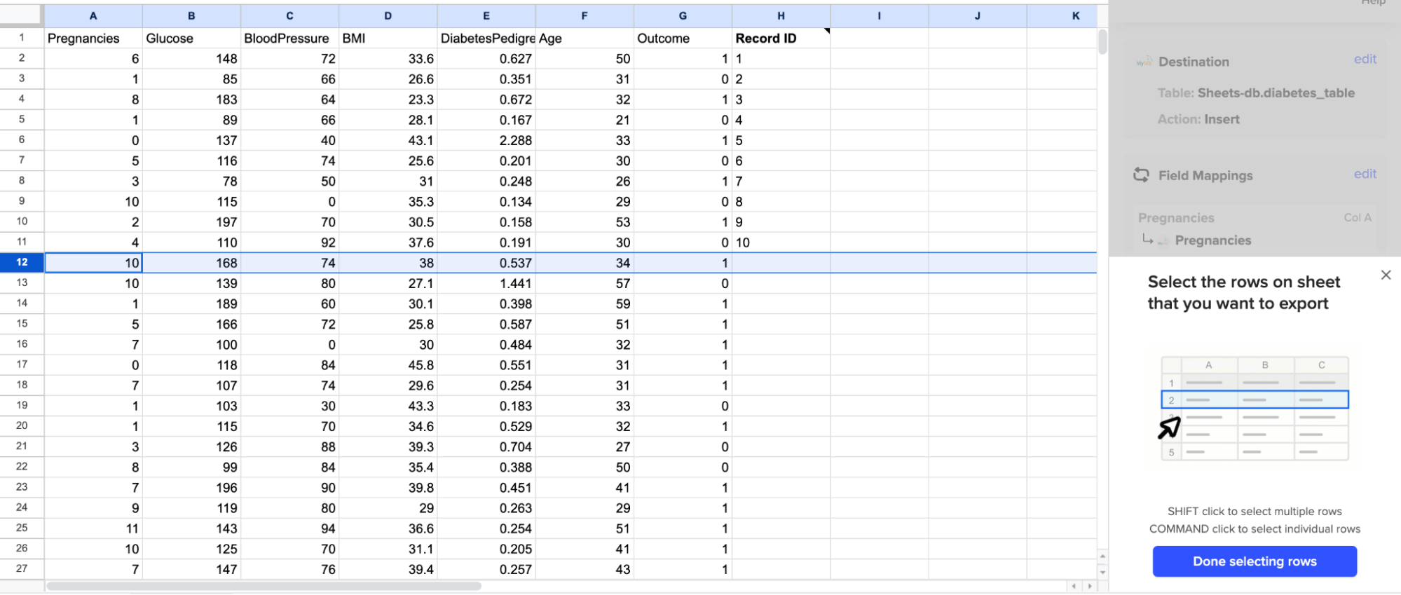 Google Sheets table shows the selection of row 12. The Done selecting rows button appears in the bottom right corner