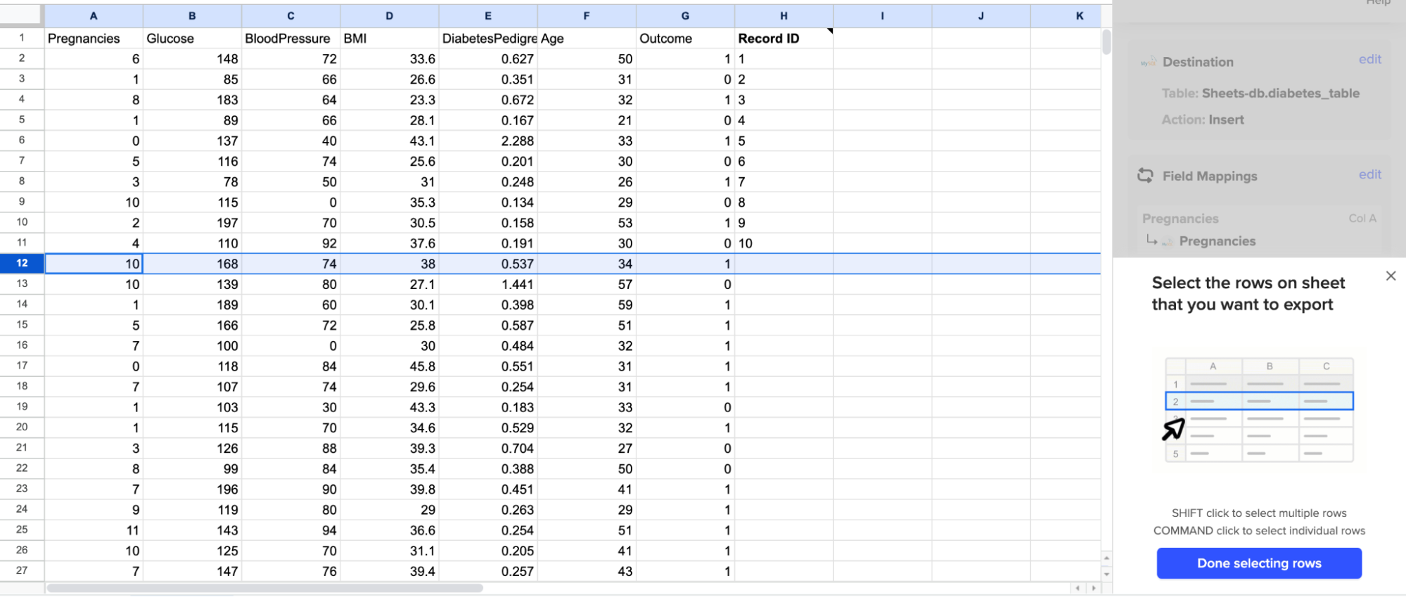 Die Google Sheets-Tabelle zeigt die Auswahl der Zeile 12. Die Schaltfläche Fertig mit der Zeilenauswahl erscheint in der unteren rechten Ecke