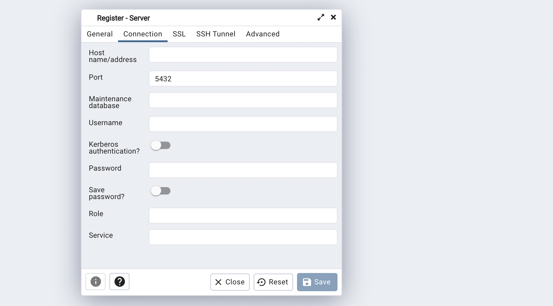 El cuadro de diálogo Registro - Servidor muestra los campos necesarios para conectarse a PostgreSQL. Los campos son Nombre/dirección de host, Puerto, Base de datos de mantenimiento, Nombre de usuario y Contraseña