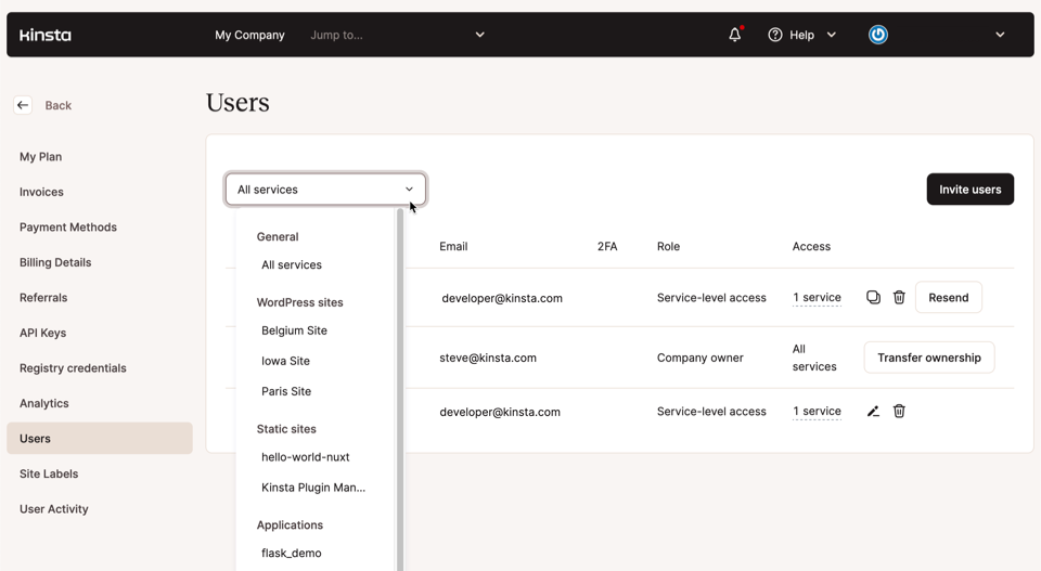 Screenshot showing how users can be filtered by assigned properties in MyKinsta.