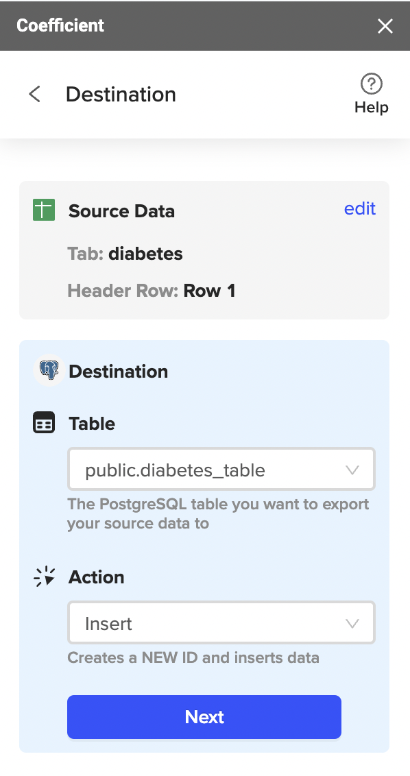 The Source Data section shows the Tab and Header row lists