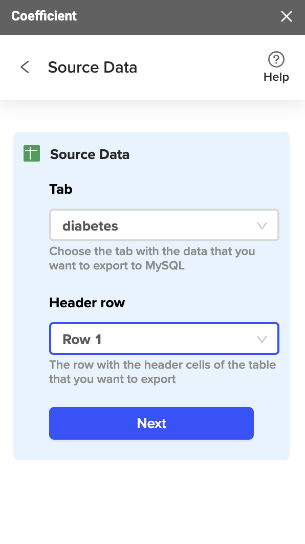 La section Source Data affiche les champs Tab et Header row.