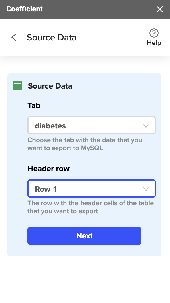 La sección Datos de Origen muestra los campos Tab y Header row