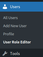 Screenshot of the Users menu. It lists the following options: All Users, Add New User, Profile, and User Role Editor. User Role Editor is selected