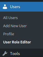 Captura de pantalla del menú Usuarios. Enumera las siguientes opciones: Todos los Usuarios, Añadir Nuevo Usuario, Perfil y Editor de Roles de Usuario. Se selecciona Editor de roles de usuario