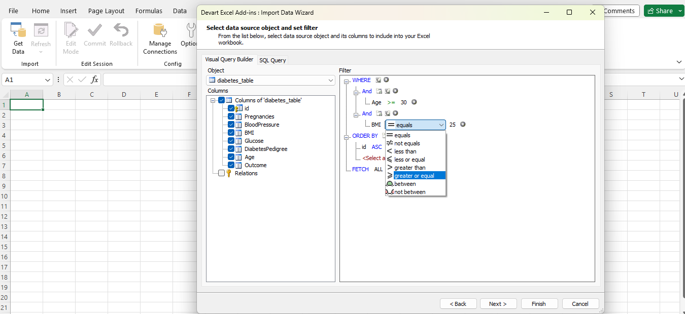 Visual Query Builder toont de lijsten met Objects en Filters.