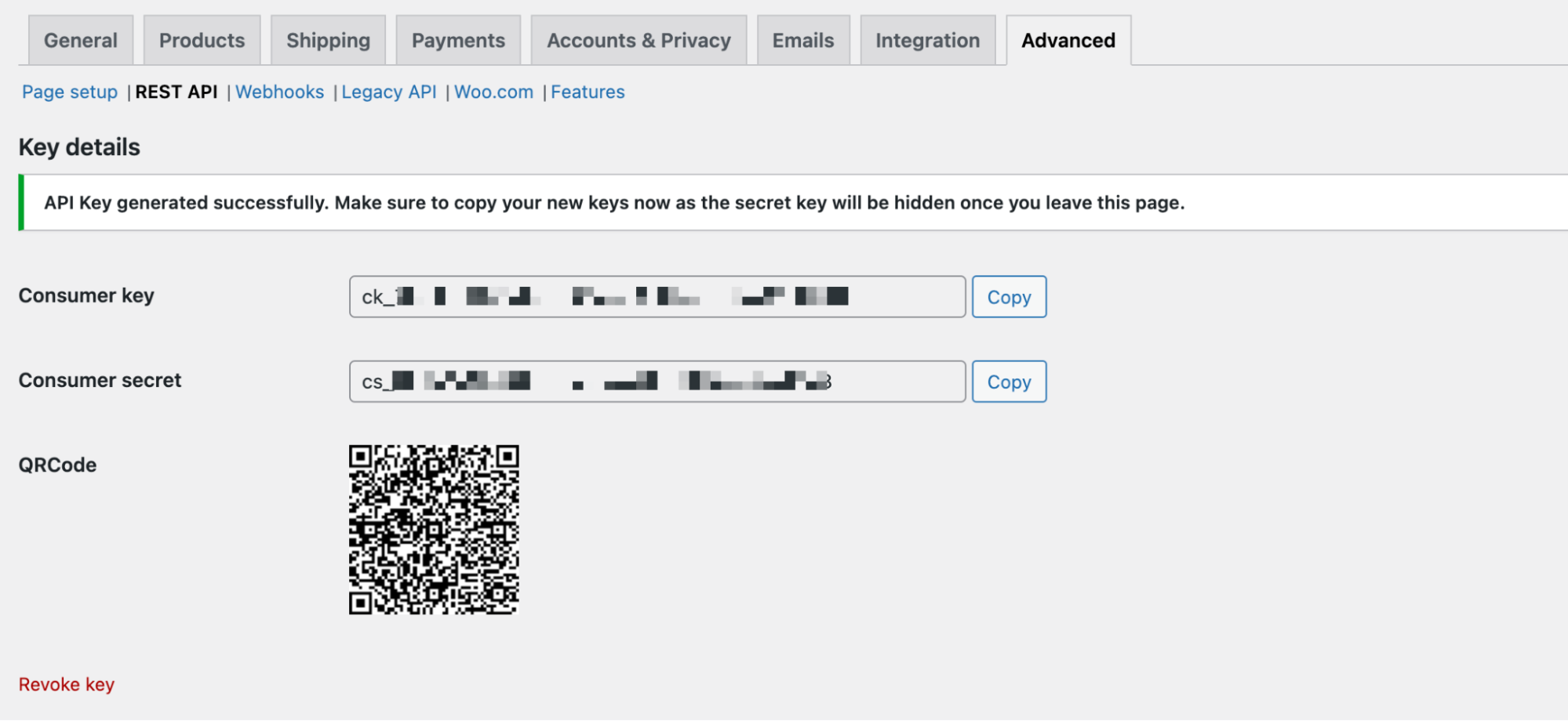 Informations d'identification de la clé API générée.